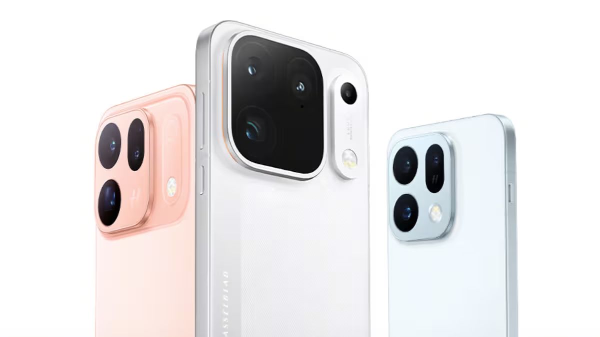 Three Xiaomi smartphones in white, pink, and light blue showing their rear camera designs