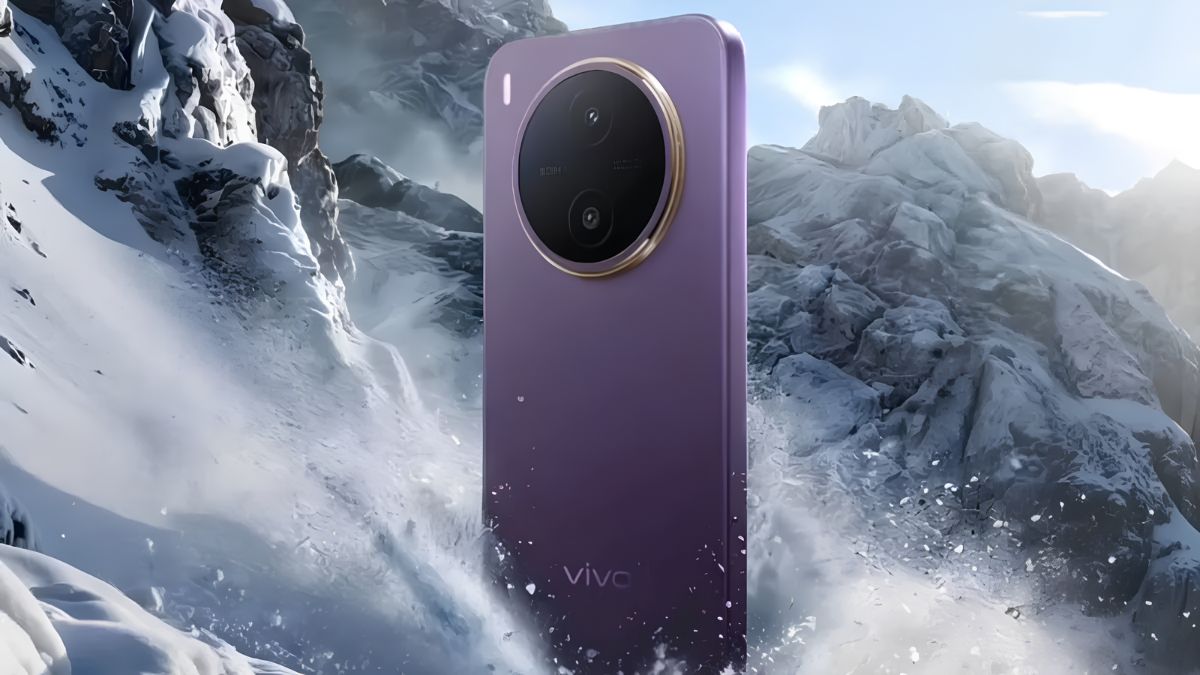 Purple Vivo Y600 smartphone standing upright amidst snowy mountain terrain and icy water splashes, highlighting its launch date of October 30 with a 10000mAh battery.